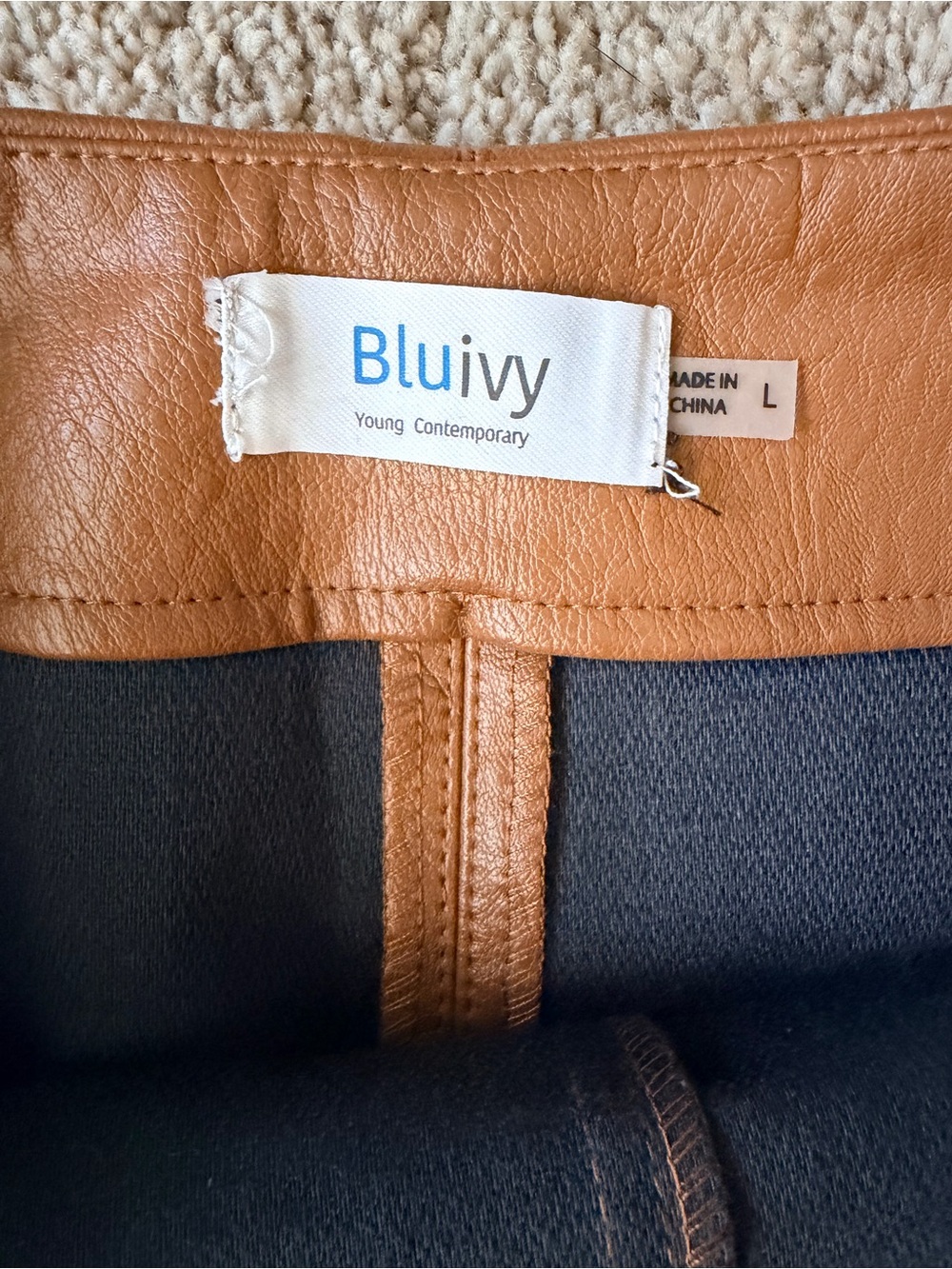 GT-0093 Bluivy Cognac Faux Leather Mini Skirt L Brown Paneled - Picture 4 of 5